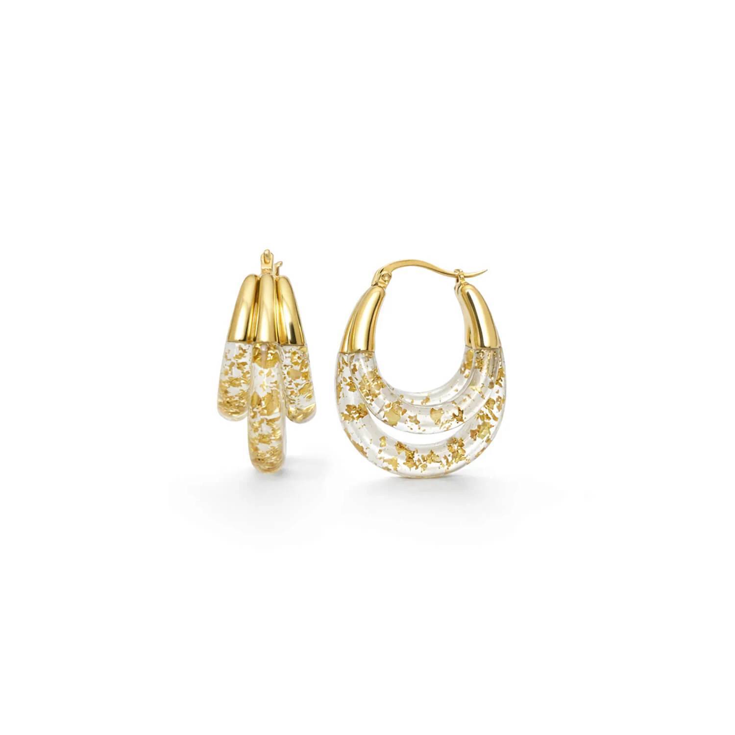 New Gold & Honey Women's Triple Hoop Lucite Earrings In Clear Gold Leaf